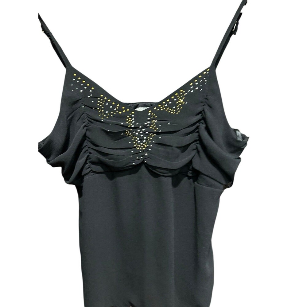 Unique Spectrum Vintage Top 90s Y2K Black Rhinestone Spaghetti Strap Sheer - Picture 5 of 5